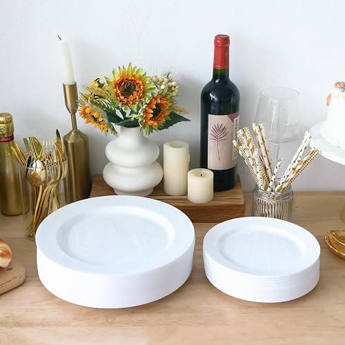 Moretoes 100PCS White Plastic Plates Disposable 10.25inch Dinner Plates and 7.5inch Dessert Salad Plates Heavy Duty Plates for Wedding Party and Birthday thumbnail 5