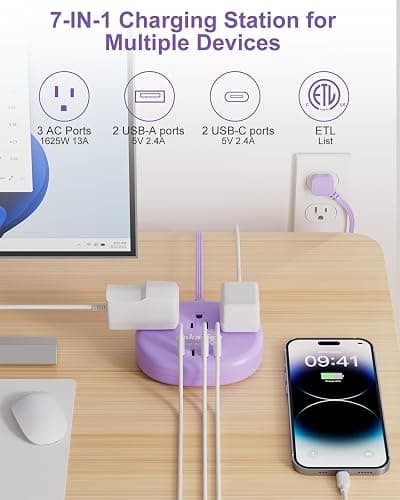 Purple Extension Cord - 10 FT Flat Extension Cord, 1625W Cute Extension Cord with 3 AC Outlet 4 USB (24W/4.8A), Compact for Cute Purple Kawaii Lavender Desk Accessories thumbnail 3