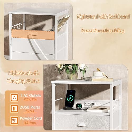 Furologee Night Stand with Charging Station, Bedside Table with Fabric Drawers, End Table with USB Ports & Outlets, White Nightstand with Storage Shelf & Hooks, for Living Room/Bedroom, White thumbnail 4