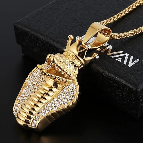 HZMAN 18k Gold Plated Cz Inlay Egypt Cobra King Stainless Steel Pendant Necklace Hip Hop Chain thumbnail 3