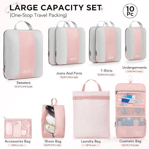 OlarHike 10-Pack Compression Packing Cubes for Travel Essentials,Compressible Expandable Packing Cubes for Suitcase,Luggage Garment Bags for Travel,Handy Helper for Organizing Clothes(Pink) thumbnail 2