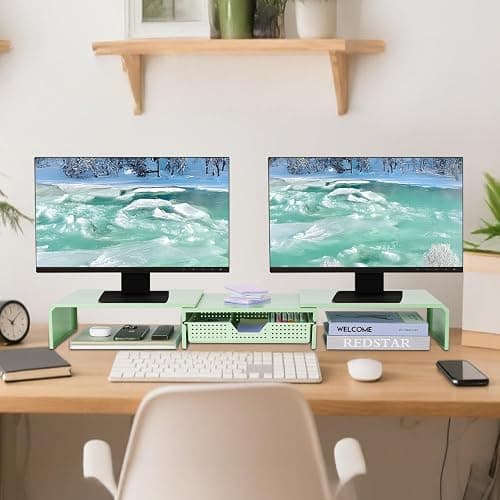 LEKETREE Dual Monitor Stand Riser with Drawer, Desk Organizer and Accessories, Metal Laptop Stand for Desk, Workspace Desktop Stand for Computer, Laptop, TV and More (Mint Green) thumbnail 4