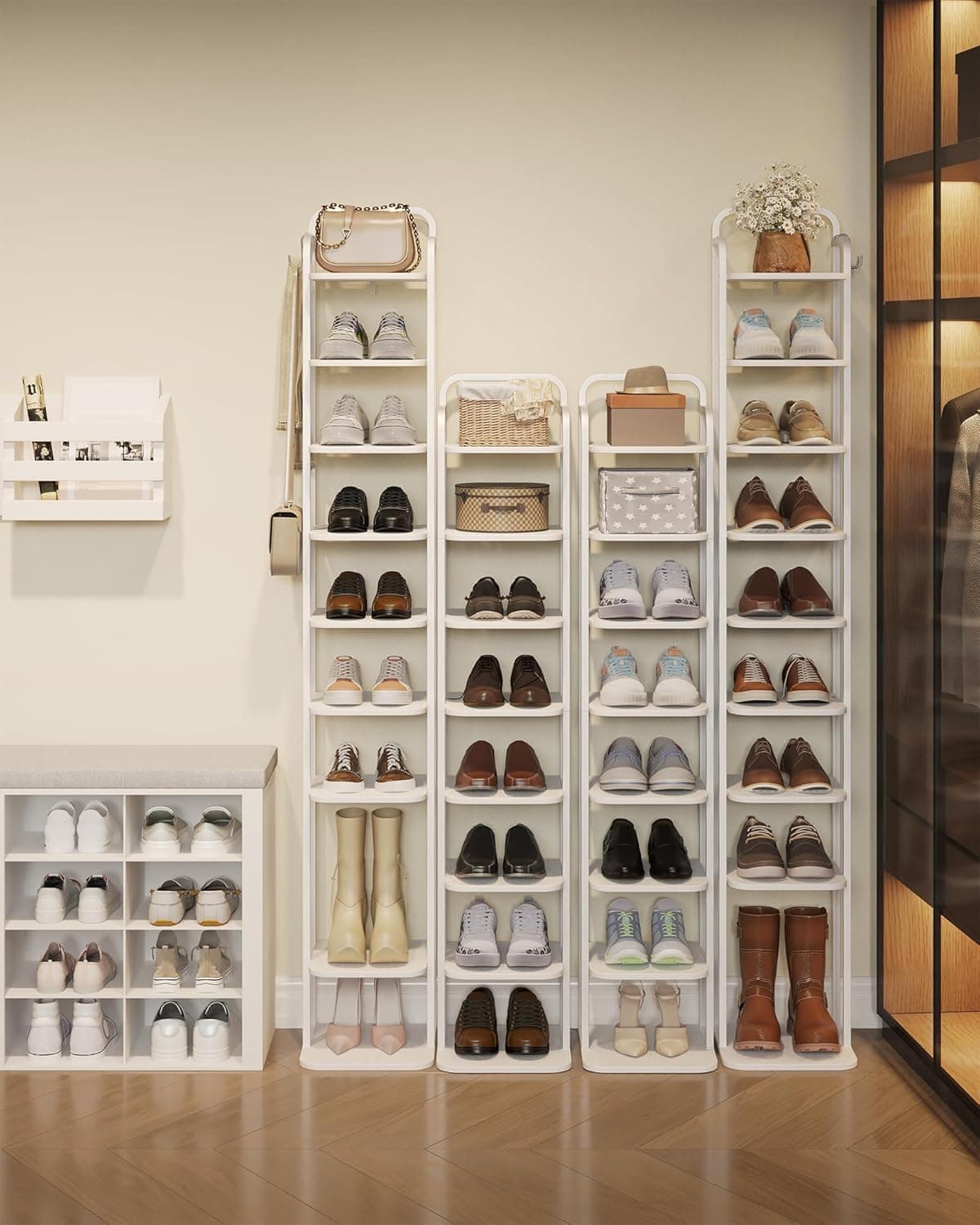 Hzuaneri Vertical Shoe Rack, Shoe Shelves, Wood Shoe Organizer for Closet, Entryway, Shoe Tower for Small Spaces, Free Standing, Adjustable, with 2 Hooks,10 Tiers White SR11213W thumbnail 8