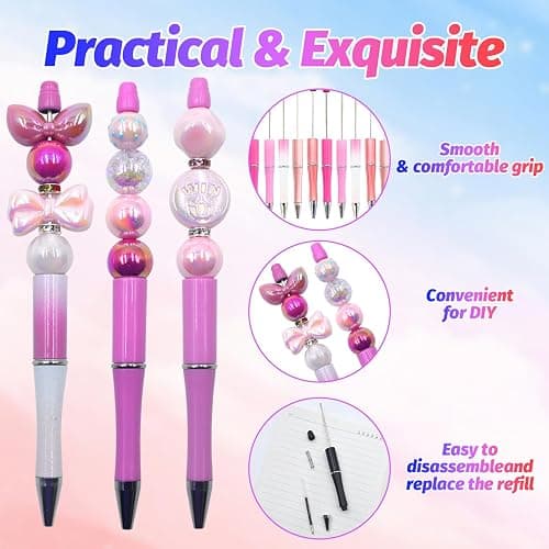 DASTTUIS 150 Pieces DIY Beadable Pen Kit – 50 Plastic Ballpoint Pens with Refills & Bags – School Supplies, Office Accessories & Decorative Items for Students & Teachers （Pink） thumbnail 4