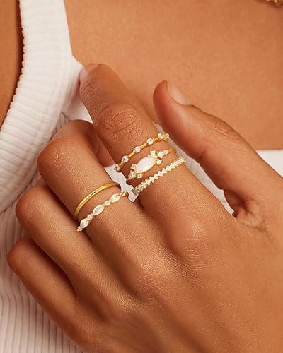 Honsny Stackable Gold Rings for Women Non Tarnish Engagement Wedding Bands | 18K Gold Plated, Cubic Zirconia Stacking Rings, Thumb Ring Set, Thin Eternity Promise Wedding Bands, Size 6 7 8 9 10 11 thumbnail 8