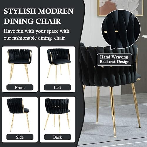 NIOIIKIT Modern Velvet Dining Chairs Hand Weaving Accent Chairs Living Room Chairs Upholstered Side Chair with Golden Metal Legs for Dining Room Kitchen Vanity Living Room (Black) thumbnail 7