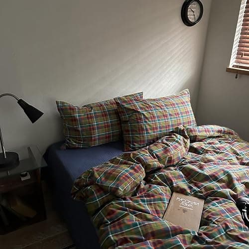 MKXI Buffalo Plaid Duvet Cover Set 3 Piece Vintage Bedding in Kelly Green, Navy & Red | 100% Washed Cotton Reversible Design with Zipper Closure & Corner Ties,Shabby Chic Aesthetic for Full thumbnail 8