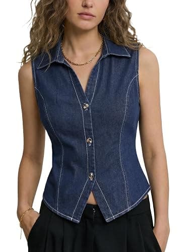 LYANER Women's Denim Vest Sleeveless Collared V Neck Button Down Casual Summer Jean Tank Shirt Top - Image 1