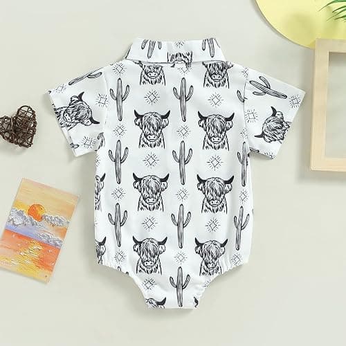 Karuedoo Western Baby Boy Clothes Cow Print Shirt Romper Infant Short Sleeve Button Down Bodysuit One Piece Gentleman Outfit thumbnail 4