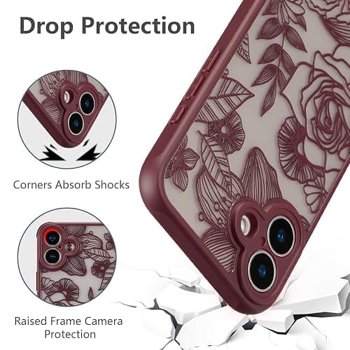 XIZYO for iPhone 16 Case Cute Floral, Wine Red | Girly Women Flower Rose Aesthetic Burgundy Pattern, Full Camera Protection Translucent Matte Anti-Yellowing Shockproof Cover thumbnail 5