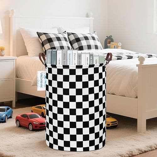 LANGYASHAN Laundry Basket Canvas Fabric Collapsible Organizer Basket for Storage Bin Toy Bins Gift Baskets Bedroom Clothes Children Nursery Hamper (Racing flag) thumbnail 6