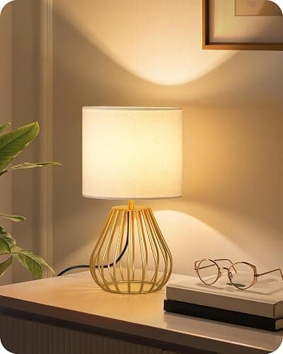 GOEBLESON Gold Table Lamp, Small Gold Bedside Lamp with Metal Base & White Linen Lampshade, Modern Nightstand Lamp, Little Cute Desk Lamp for Bedroom, Living Room, 2700K LED Bulb Included, DCW06TL05 - Image 1
