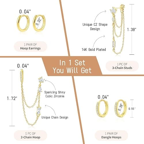 Earring Stacks Chain Gold Cartilage Helix Multiple Piercing Hoop Sets Women | 6PCS,Flat/Butterfly Back,14K Gold/Silver Plated,Dangle Huggie Hoop,White/Green CZ,Trendy Stackable Prom Jewelry Gift thumbnail 2