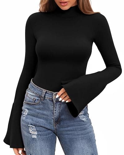 MANGOPOP Bell Sleeve Mock Neck Long Sleeve Bodysuit for Going Out Tops for Women thumbnail 2