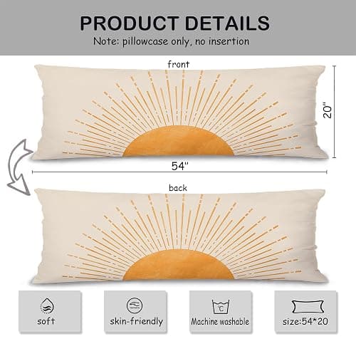 Pleonox Boho Orange Sun Sunshine 20x54 Body Pillow Cover Case, Mid Century Modern Boho Horizontal Sunset Sunrise Decorative Long Hug Pillow Cases for Bed Couch thumbnail 3