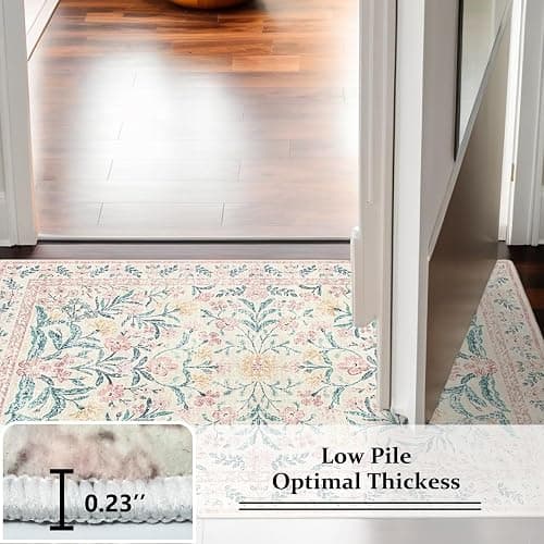 LKTRYFAM Machine Washable Floral Rugs for Living Room 3x5 Area Rugs, Vintage Non Slip Bedroom Rugs Ultra-Thin Soft Rug, Boho Low-Pile Throw Rug Stain Resistant Carpet for Girls Room Dorm (3x5ft,Pink) thumbnail 7