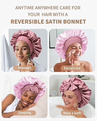 Satin Bonnet for Women Silk Bonnets for Sleeping Curly Hair Bonnet with Elastic Tie Band Reversible Double Layer Sleep Cap Hair Wrap (Bean Paste + Pink) thumbnail 7