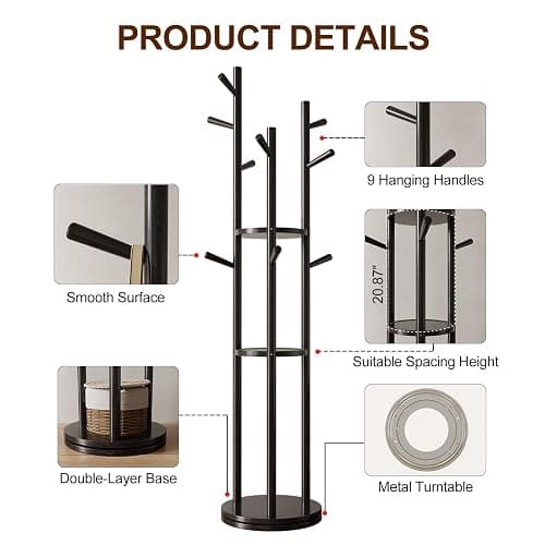 Muwuele Solid Wood Rotary Coat Rack, Freestanding Coat Rack with 3 Shelves and 9 Hooks, Coat tree for Bedroom, Entryway, Livingroom, Coat Hanger Stand for Coats, Scarves, Handbags (Black) thumbnail 5
