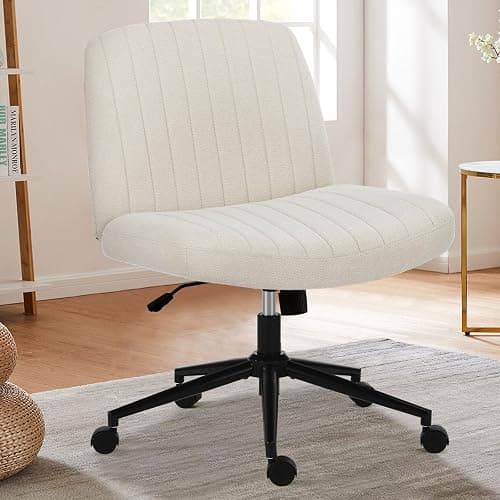 Sweetcrispy Criss Cross Chair Legged, Armless Office Desk Chair with Wheels, Swivel Vanity Height Adjustable Wide Seat Computer Task Seating - Beige - Image 1