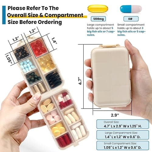 14 Grids Travel Pill Organizer Box with 415-Pcs Medicine Name Labels - Pocket Daily Pharmacy Case Container Kit - Travel Medication Holder Dispenser for Fish Oil Vitamin Supplement Storage - Khaki thumbnail 5