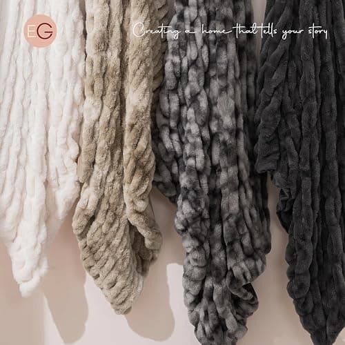 EVERGRACE Luxurious Soft Faux Rabbit Fur Throw Blanket, Cozy Fuzzy Plush Warm Throws for Couch Bed Sofa Chair Home Decor, Ruched Bubble Fluffy Blanket with Reversible Velvet, 60" x 80", Beige thumbnail 8