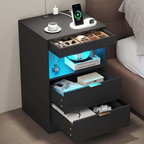 Yusong LED Nightstand Bedside Table with Charging Station 2 Drawers, Black Modern Sofa Couch End Side Table with Lights, Invisible Lock and Pull-Out Shelf for Bedroom Living Room - Image 1
