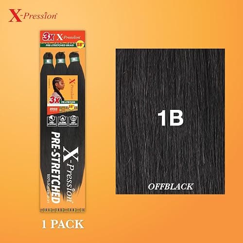Sensationnel X-pression prestretched braiding hair - 3x braid 58 inch all kanekalon flame retardant synthetic braid for box braids and twists (1 pack, 1B OFFBLACK) thumbnail 2