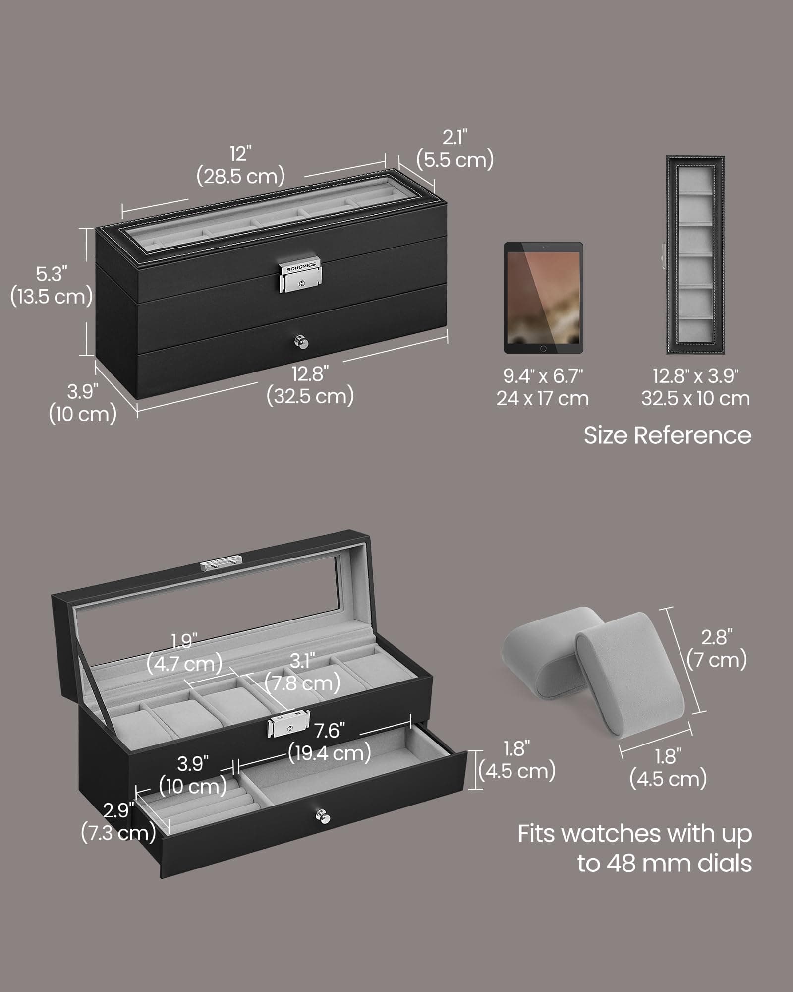 2. SONGMICS 6-Slot Watch Box, Lockable Watch Case with Glass Lid, 2 Layers, with 1 Drawer for Rings, Bracelets, Gift Idea, Black Synthetic Leather, Grey Lining JWB060G01 thumbnail 7