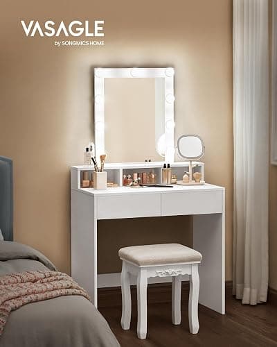 VASAGLE Dressing Table, LED Lights with Adjustable Brightness, Vanity Table with Mirror, 2 Drawers and 3 Compartments, Makeup Desk, Modern, KAILYN Collection Cloud White RDT194T14 thumbnail 3