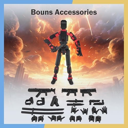 Nemoro Pre-Assemly 3D Printed 5.54'' Stick Tian 13 Action Figure, Multi-Jointed Robo13, Articulated T13 Desktop Decoration,12 in 1 Accessories, Best Birthday Festival Gift (Red Gold) thumbnail 4