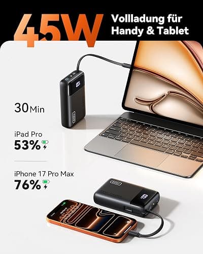INIU 45W Power Bank, Ultra Klein 20000mAh Powerbank iPhone mit Integriertem USB-C Kabel, Schnellladen Externe Handyakkus Mini, Klein Aber Stark für iPhone 17 16 15 Pro, Samsung S22, Xiaomi, iPad etc thumbnail 2