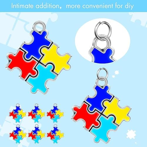 Hicarer 48 Pieces Autism Charms Pendants with 48 Pieces Semi-opening Rings for Puzzle Jewellery Key Chain Necklace Bracelet Earring Crafts Making Supplies thumbnail 2