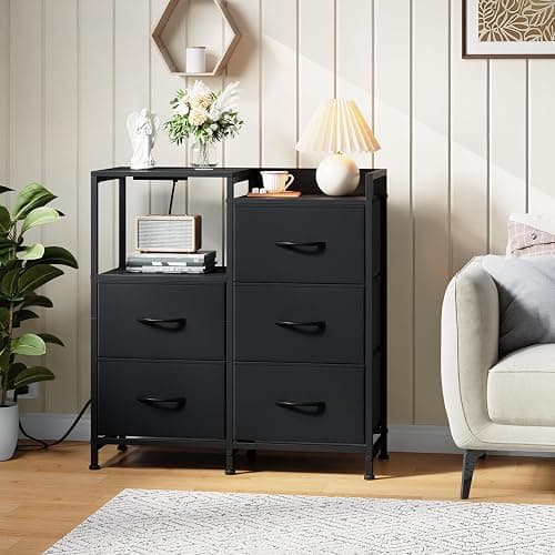 Somdot Black Nightstand with Charging Station and LED Light, Wide 5 Drawers Dresser for Bedroom with Fabric Bins and Open Shelf for Bedroom Kids Closet Dorm Guest Room, Black thumbnail 2
