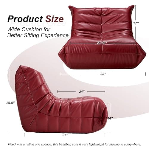 Hobestluk Giant Bean Bag Chair Lazy Floor Sofa, Memory Foam Fireside Sofa for Adults, Big Beanbag Faux Leather Armless Chair for Living Room Bedroom Dorm Office (WineRed, Single) thumbnail 2