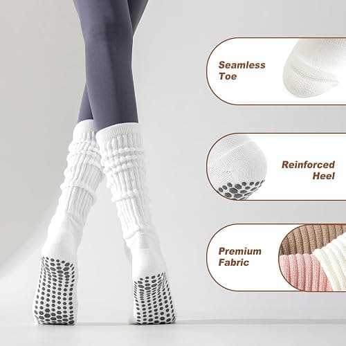 TOAMOUR Pilates Socks with Grips for Women Non Slip Yoga Socks 3 Pairs Long Scrunch Socks Barre Gym Crew Socks thumbnail 2