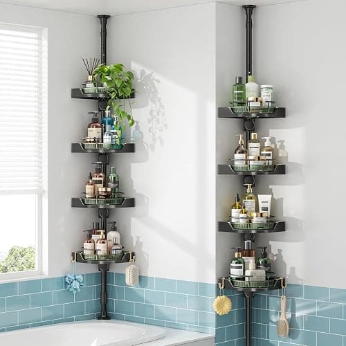 AKINBAS 360° Rotating Shower Caddy Tension Pole with 4-Tier Rustproof Lazy Susan 35-128 Inch No Drilling Coner Shelves Adjustable Shower Rack for Bathroom Bathtub Washbasin Plant Storage (Black+Green) thumbnail 2