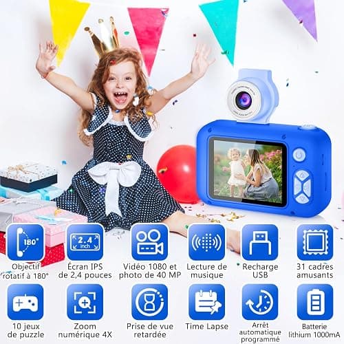 ARNSSIEN Appareil Photo Enfant avec Grand Écran 2,4" et Objectif Pivotant 180°,Appareil Photo Numérique Enfant pour Filles et Garçons de 3 à 12 Ans,Carte 32 Go Incluse,Cadeau Anniversaire ou Fête,X101 thumbnail 2