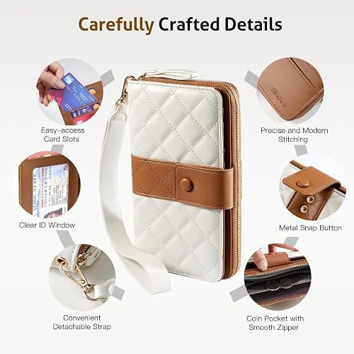 TiMOVO Leather Wallet for Women with RFID Blocking, Holds 12 Cards, Wrist Strap, Large Capacity Travel Purse, Beige + Brown thumbnail 8