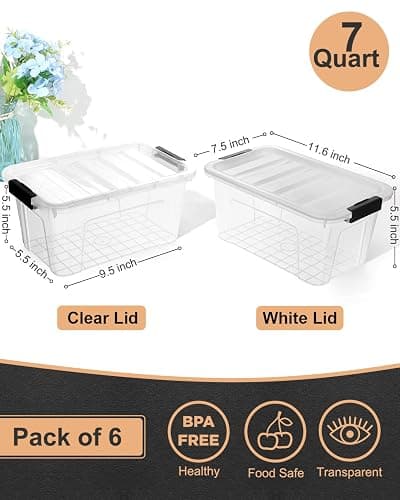 EOENVIVS Plastic Storage Bins with Lids 6 Pack, 7 Quart Storage Containers With Black Buckle Latch, Stackable Storage Organizers for Home Pantry Office Classroom Organization, Clear thumbnail 3
