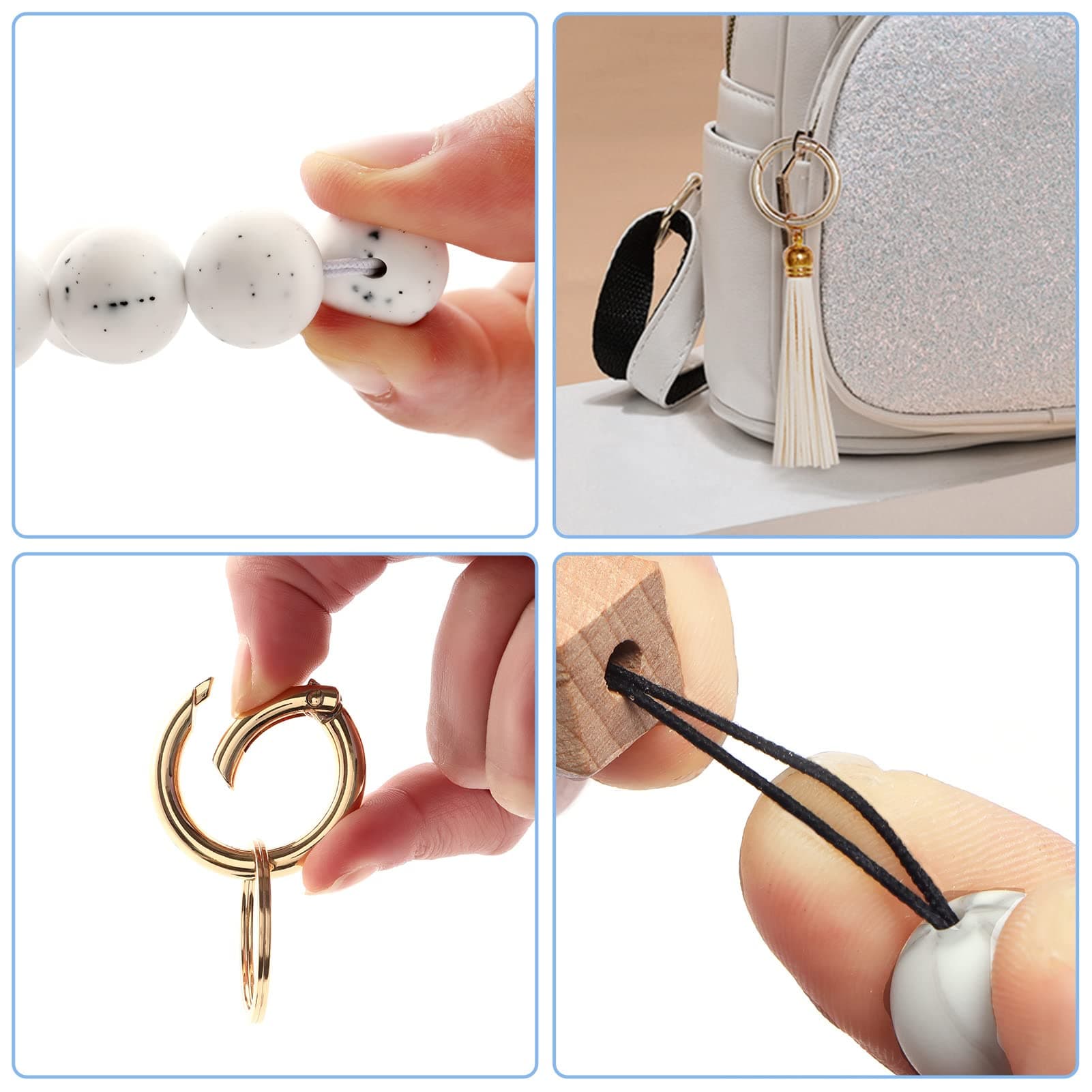 Wristlet Bracelet Keychain Tassel Keychain Silicone Beaded Bangle Key Ring for Women Girls White thumbnail 2