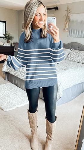 ZESICA Women's 2025 Fall Fashion Turtleneck Long Sleeve Striped Ribbed Knit Loose Pullover Sweater Tops thumbnail 6