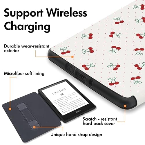 Cute Cherry Red Bow Case for 6" Kindle (11th Gen,2024&2022) with Hand Strap,Compatible with MagSafe for Wireless Charging,Sleep/Wake,Soft Silm Fit Leather Cover for Kindle thumbnail 2