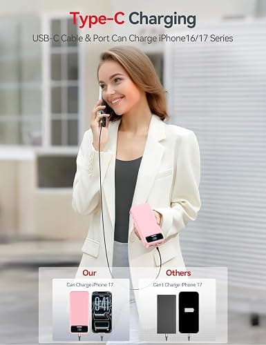 20000mAh Lightweight-Portable-Charger-Power-Bank with Built-in Cables and AC Wall Plug, PD20W USB-C Fast Charging Battery Pack, LED Display External Travel Phone Charger for All iPhone,Samsung,Android thumbnail 5