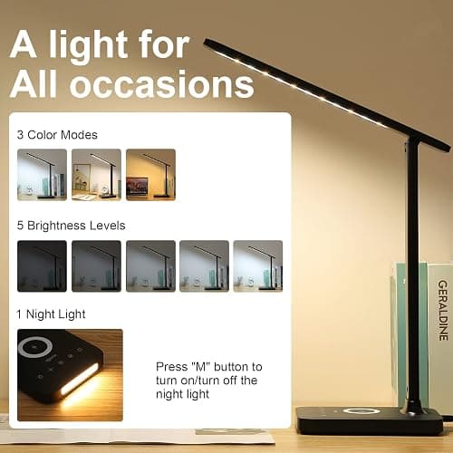 VAVOFO LED Desk Lamp with Fast Charger, USB Charging Port, Desk Light for Home Office with 5 Brightness Levels, Touch Control, 30/60 min Auto Timer, Eye-Caring Dimmable Table Lamp with Adapter thumbnail 3