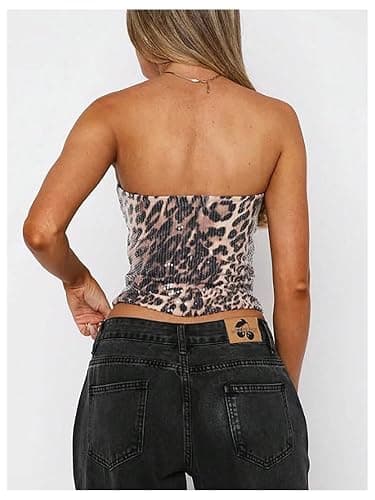 RoseSeek Women's Leopard Cheetah Sequin Strapless Tube Top Glitter Sleeveless Bandeau Crop Tops Night Out Clothes thumbnail 2