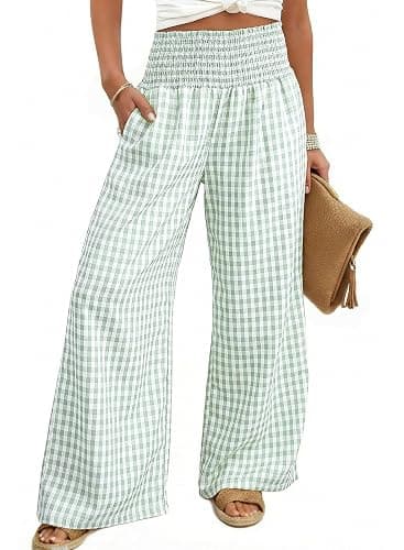 Dokotoo Women's Fall Gingham Wide Leg Casual Pants 2026 | High Waisted,Maternity Trousers,Lounge Palazzo Pants,Elastic Wasited,Boho Beach Clothes with Pockets,Home,Office with Pockets - Image 1