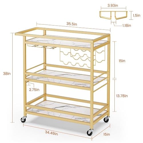 Leteuke Bar Cart for Home, 3 Tier Gold Serving Rolling Carts with Wheels, Drink Cart, Liquor Stand with Marbled Wooden Shelves, Wine Rack and Glass Holder for Kitchen, Dining Room thumbnail 3