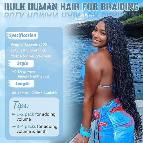 Boho Hair for Braiding 150g 6 Bundles/Pack 20 Inch Human Braiding Hair for Boho Braids Curly Deep Wave Bulk Human Hair Bundles 12A Wet and Wavy Braiding Hair Natural Color thumbnail 2