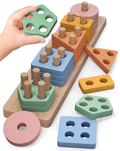PEBIRA Montessori Toys for 1 2 Year Old, Wooden Sorting and Stacking Toys for Toddlers, Baby Shape Sorter and Color Stacker Blocks for Toddler, Preschool Learning Toy, Gift for 12-18 Month Boys Girls - Image 1