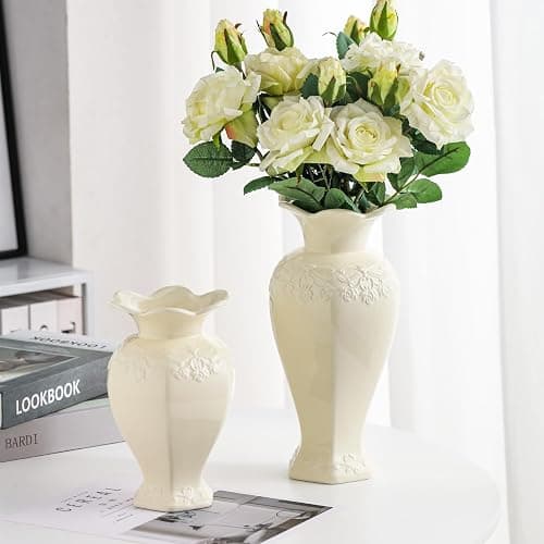 Seasonsplan Relievo Elegant White Cream 8in 11in Ceramic Flower Tall Aesthetic Beige Table Tulip Wide Mouth Rose Filler Decorative Rustic Vase Decor for Home (Cream Vase, L) thumbnail 4